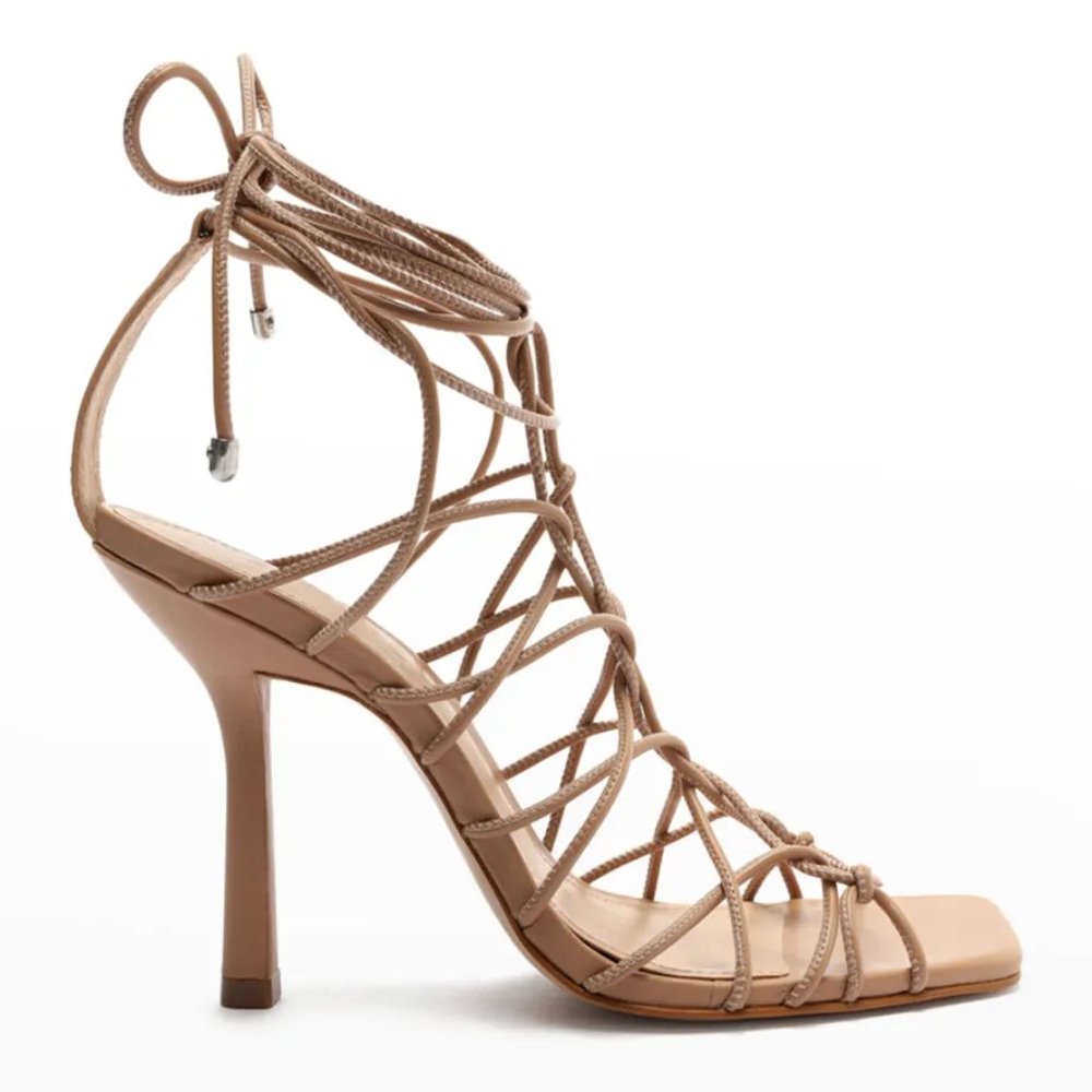 SCHUTZ Heyde Lace Up Strappy Stiletto Sandals in Honey Beige Leather Size 9.5